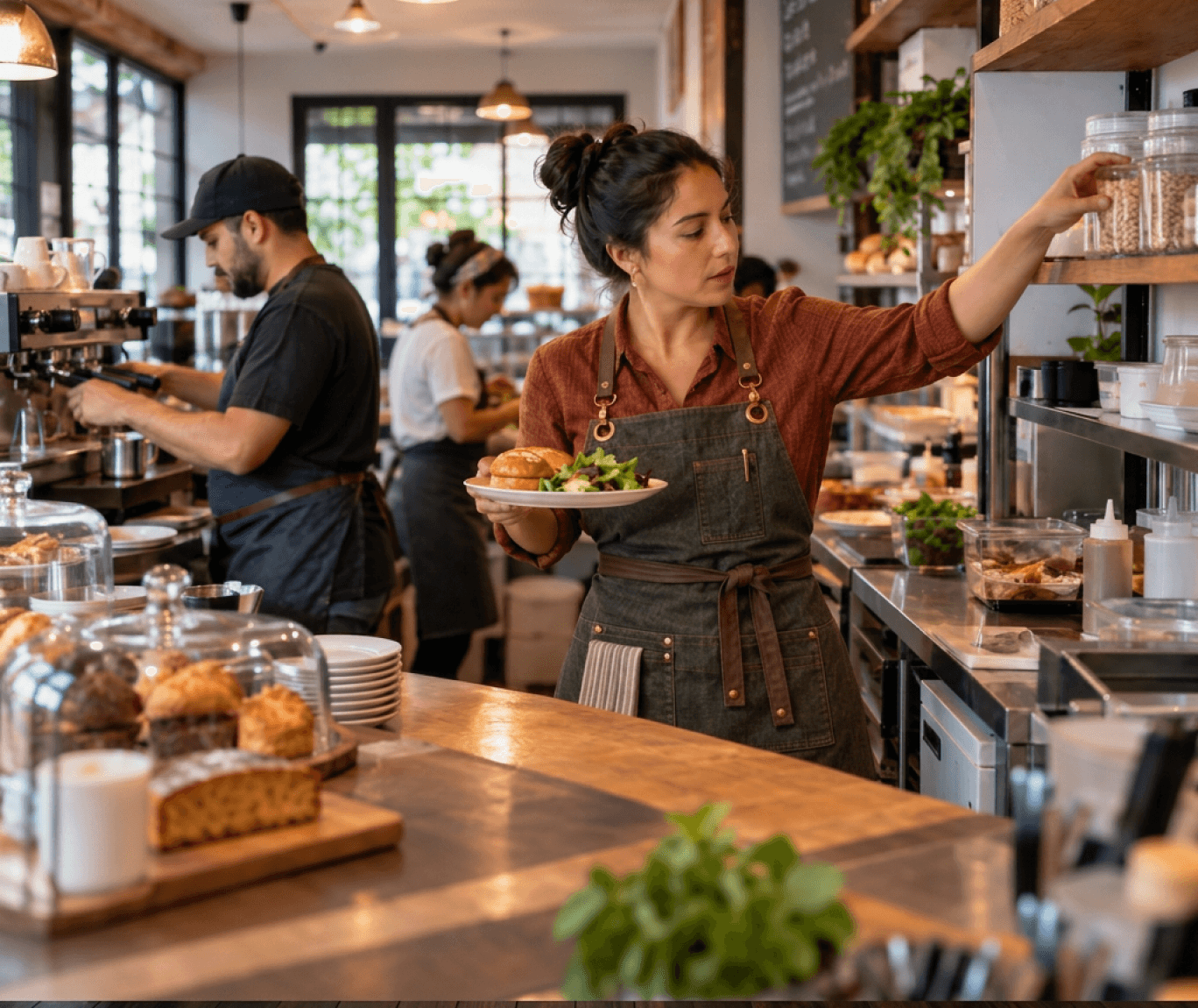 Un cocinero termina un plato en la cocina abierta de un restaurante mientras el negocio continúa en servicio.