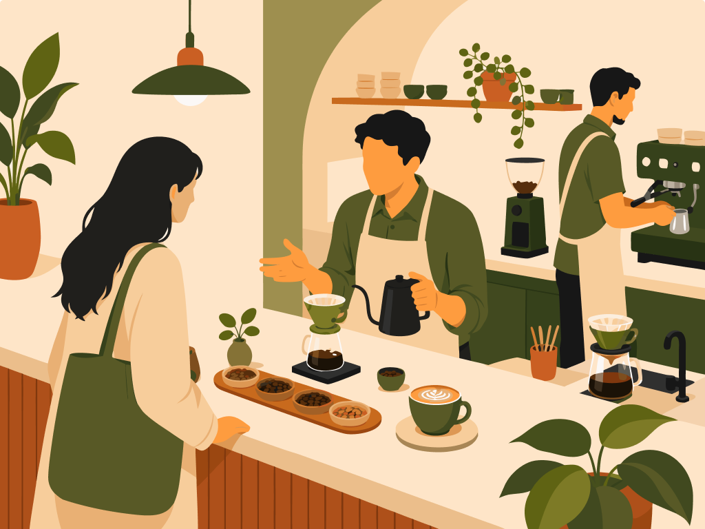 Una escena de café especializado conecta una promesa relevante con señales visibles de preparación y una experiencia que el equipo puede repetir.