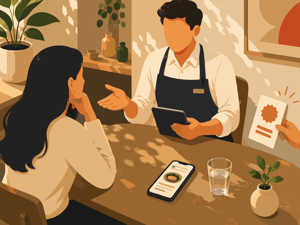 Un mesero orienta a una cliente frente a una Cartta digital mientras otra mano presenta una promoción más insistente.