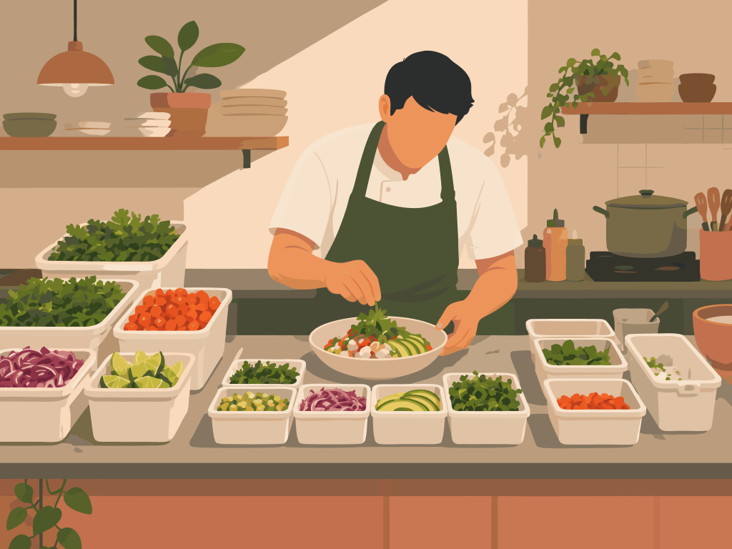 Una estación de preparación muestra una mise en place equilibrada, con señales de sobrepreparación y faltantes que ayudan a ajustar cantidades.