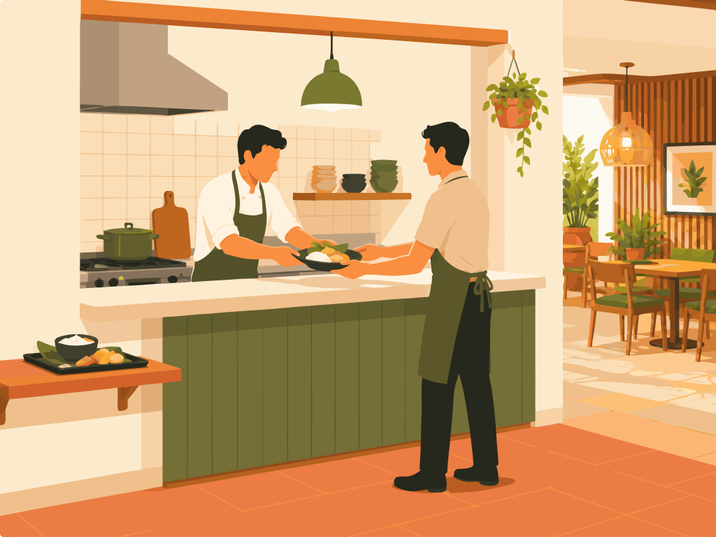 Un handoff entre cocina y servicio muestra un pedido incompleto que se detiene, se corrige y continúa cuando cumple el criterio definido.