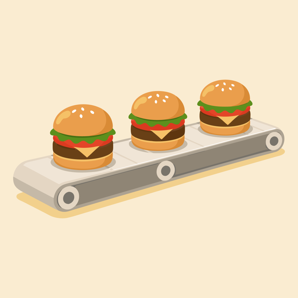 Several burgers moving along a conveyor belt to represent sales volume.