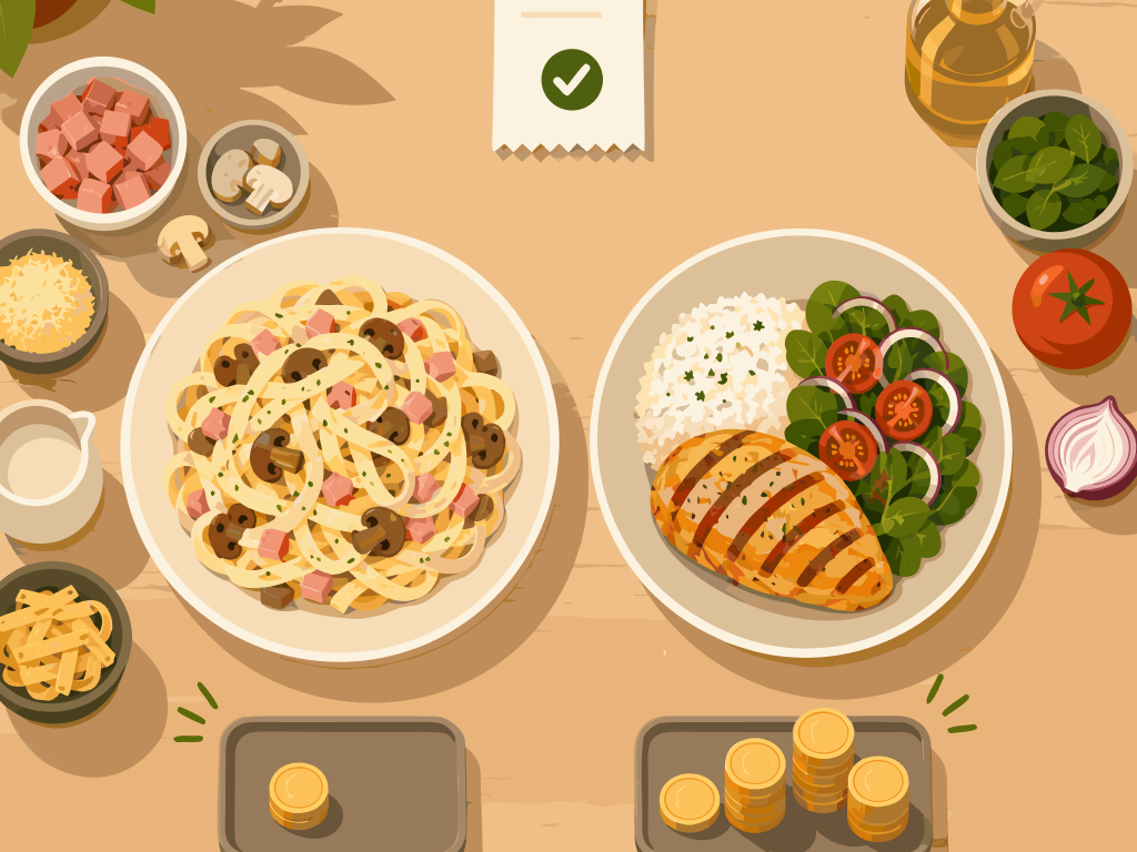 Two dishes on a balance representing different contribution amounts per sale.