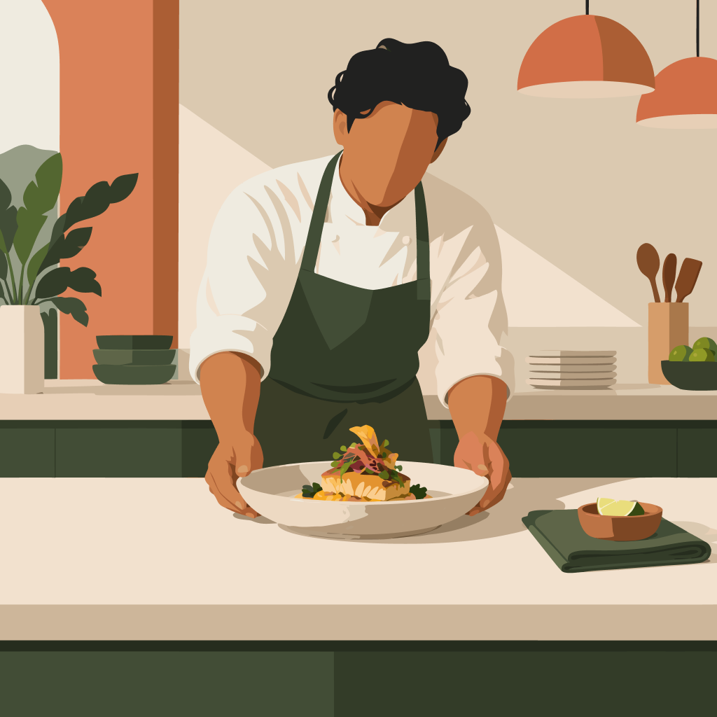 Una persona del negocio centra deliberadamente un plato distintivo para representar la experiencia gastronómica que quiere sostener.