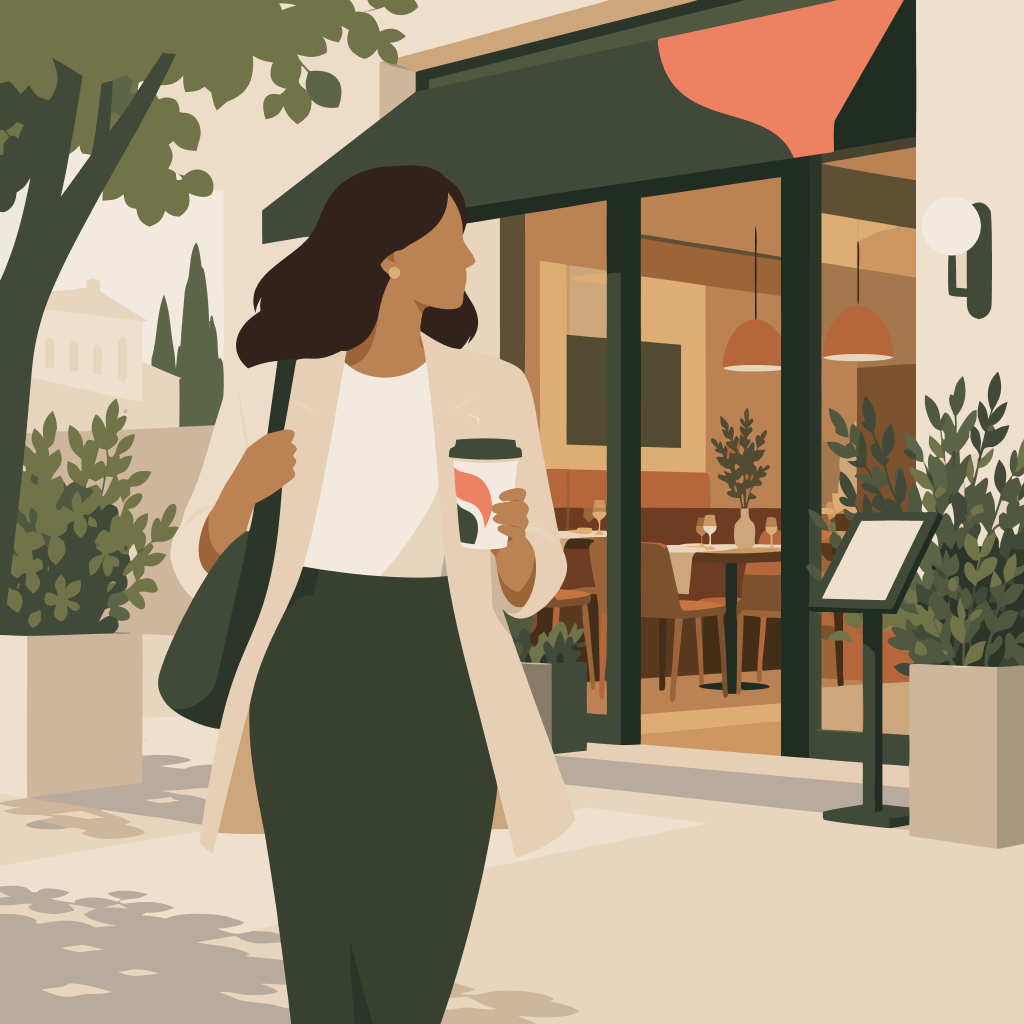 Una persona sale de un restaurante conservando una señal reconocible de la experiencia que acaba de vivir.