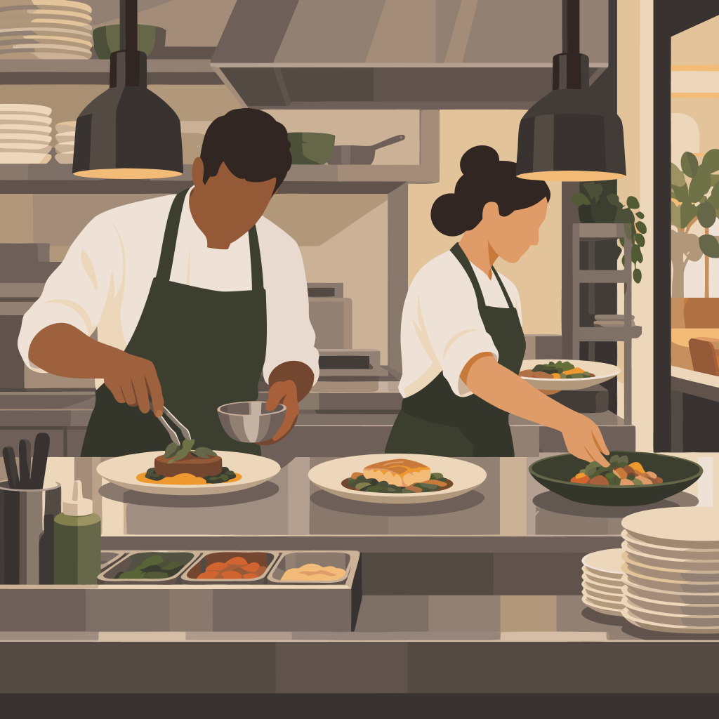 A kitchen team handles several simultaneous preparations while the workload remains controlled.