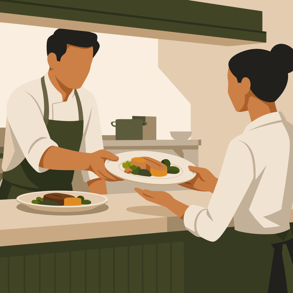 A handoff between kitchen and service represents how work moves through the operation.
