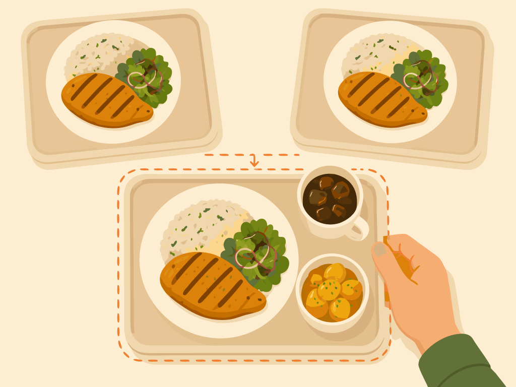 Varios pedidos comparables muestran una progresión desde un plato principal hasta pedidos con complementos, destacando una sola composición para poner a prueba.