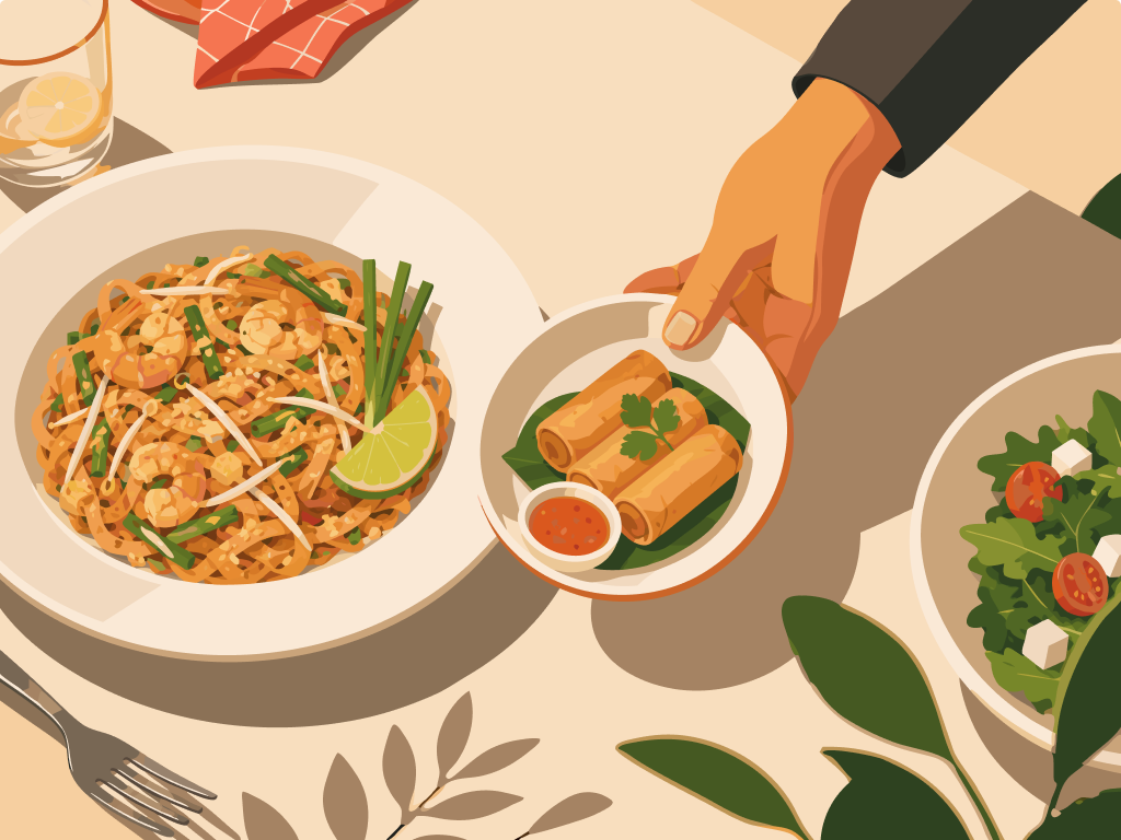 Un pedido de Pad Thai recibe un único complemento natural en el momento de confirmar, mientras otro pedido distinto queda fuera de esa sugerencia.