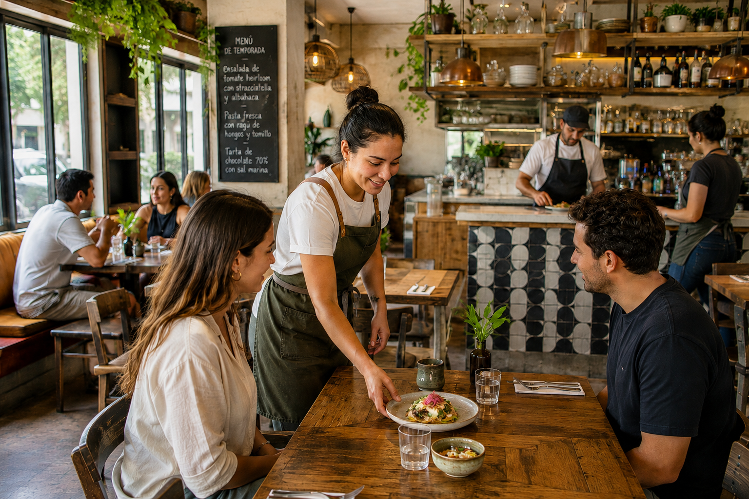 A server brings a dish to customers in a busy, welcoming and well-kept restaurant café.