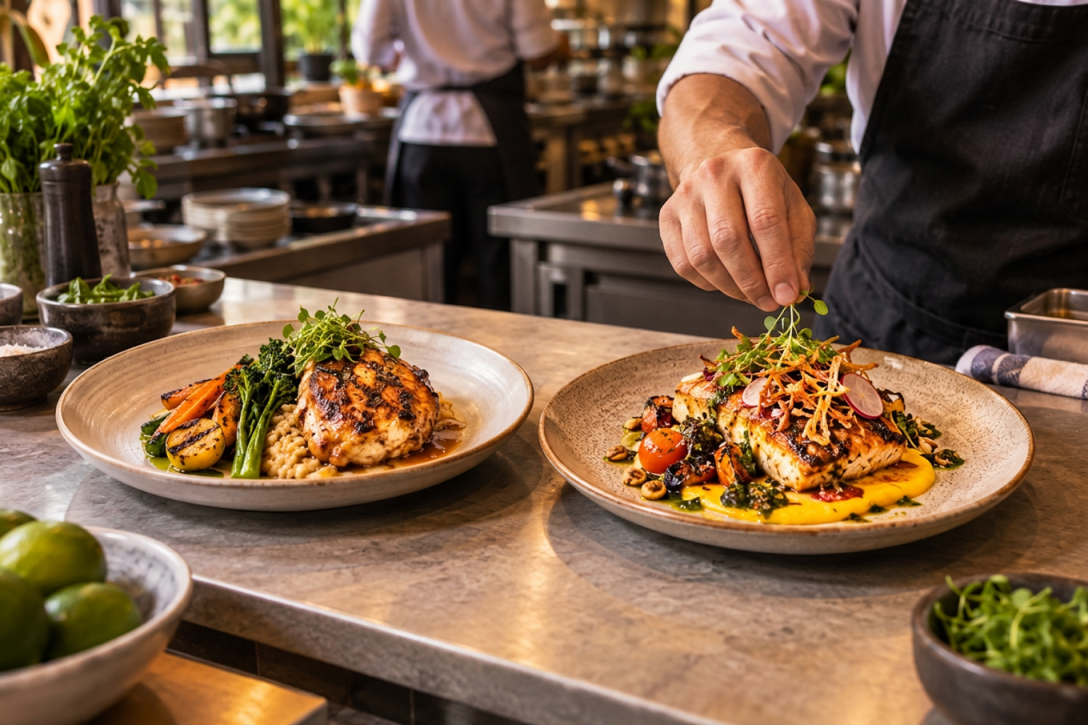 Two finished dishes, one with a more contained preparation and another with more components, wait for service while a team member finishes the plating.