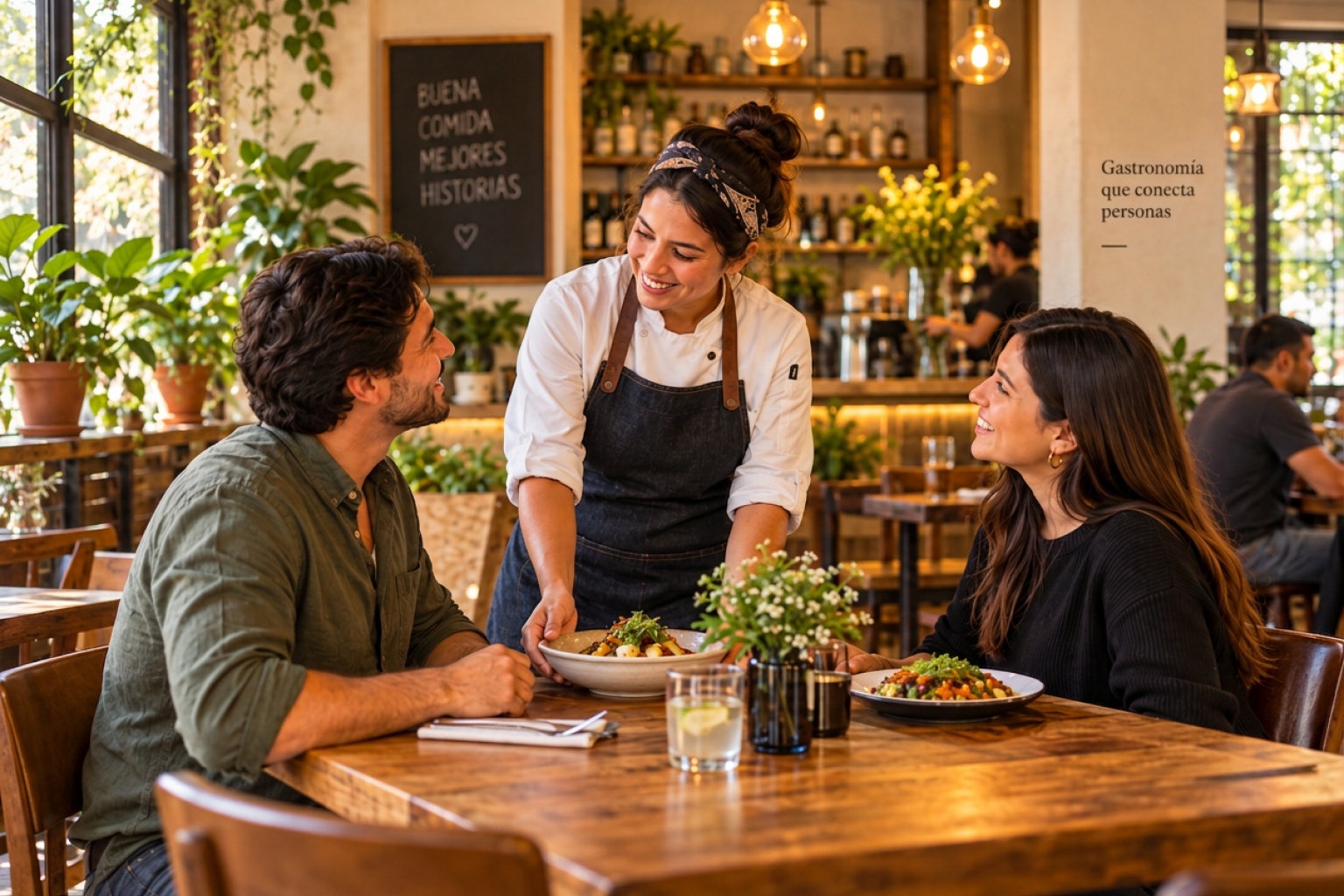 A restaurant team member serves a dish to two guests in a warm hospitality setting.