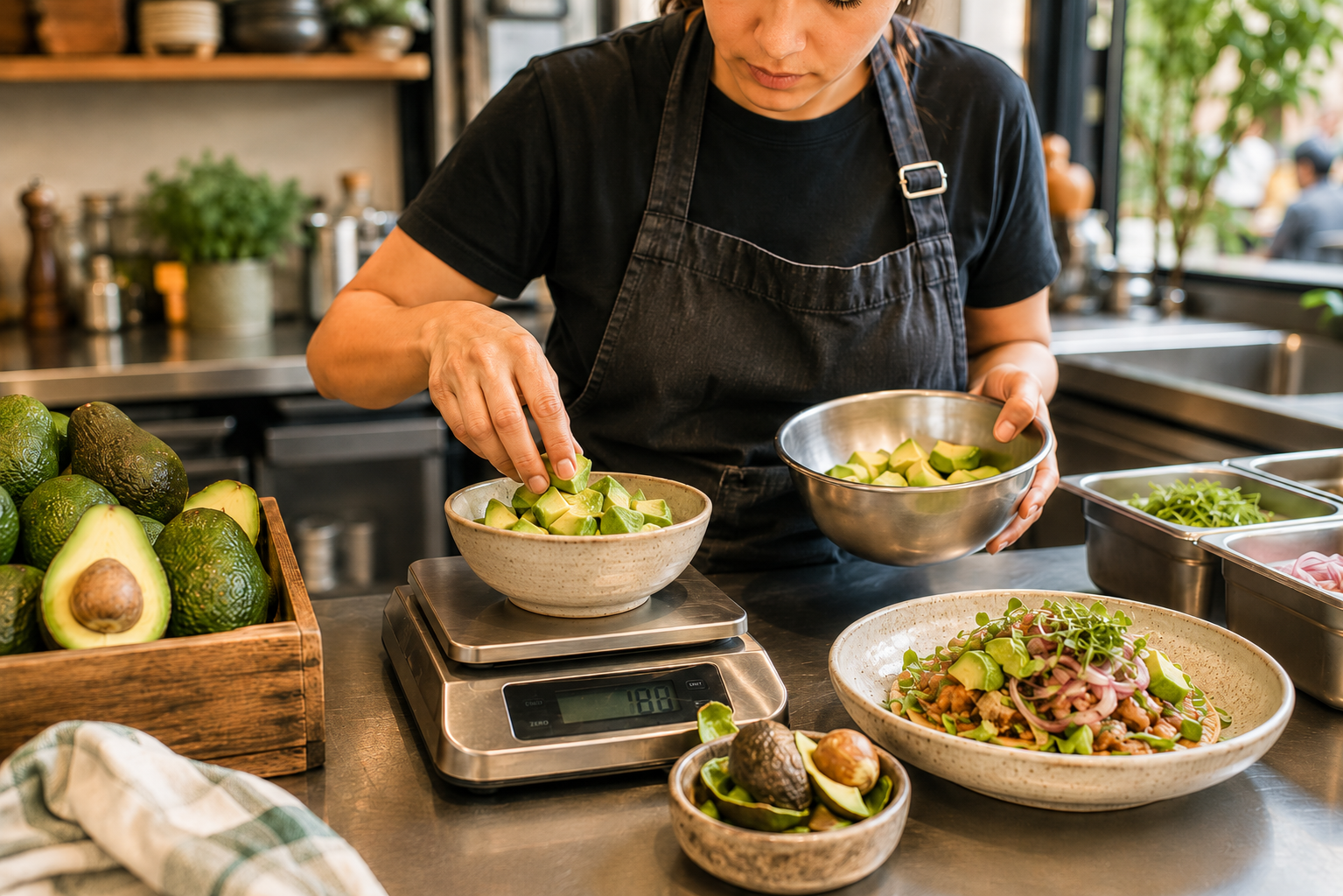 Una trabajadora de cocina pesa una porción de aguacate mientras prepara un plato en la estación de un restaurante.