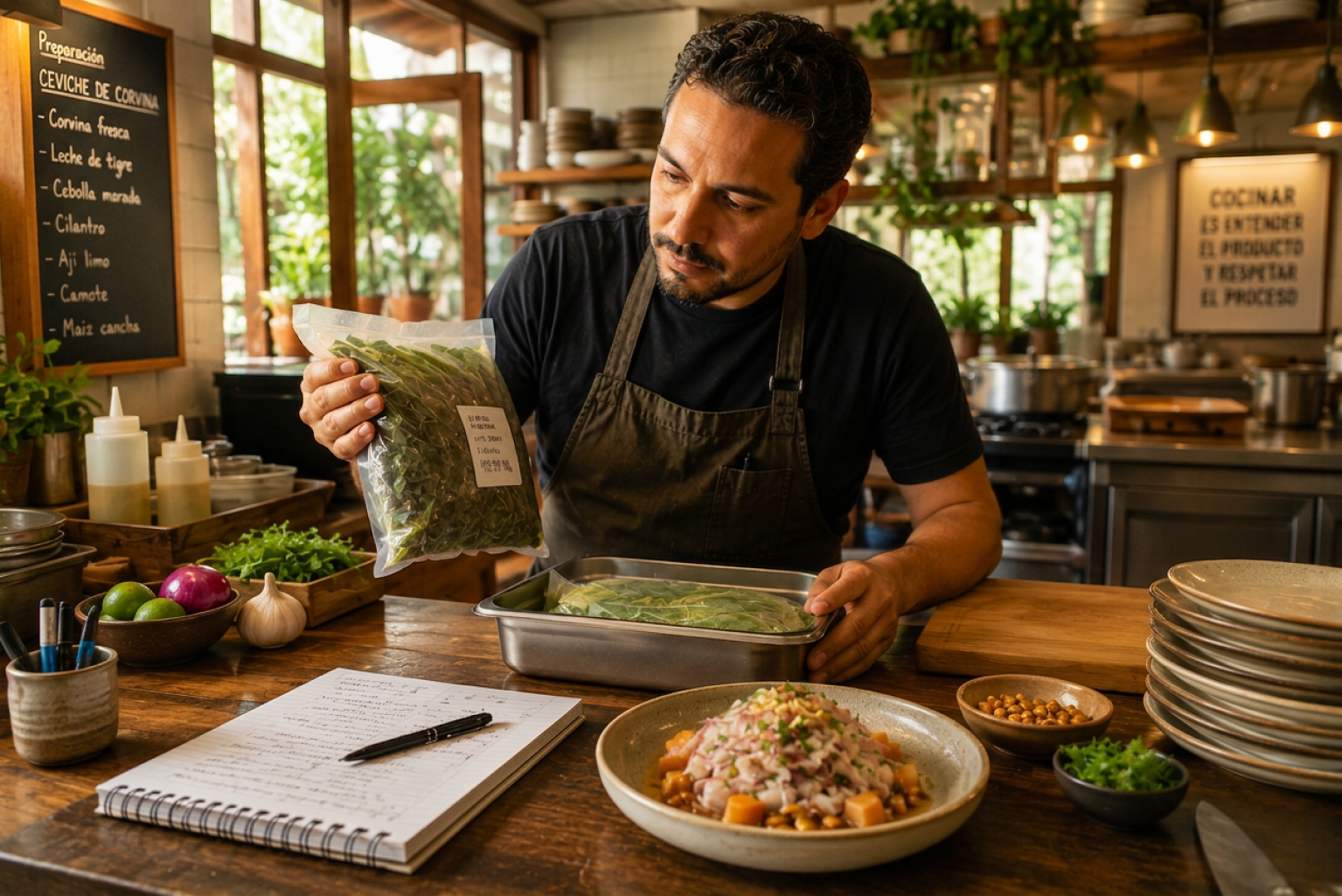 Un responsable de cocina revisa una bolsa de ingredientes junto a una preparación y un plato terminado en una estación de restaurante.