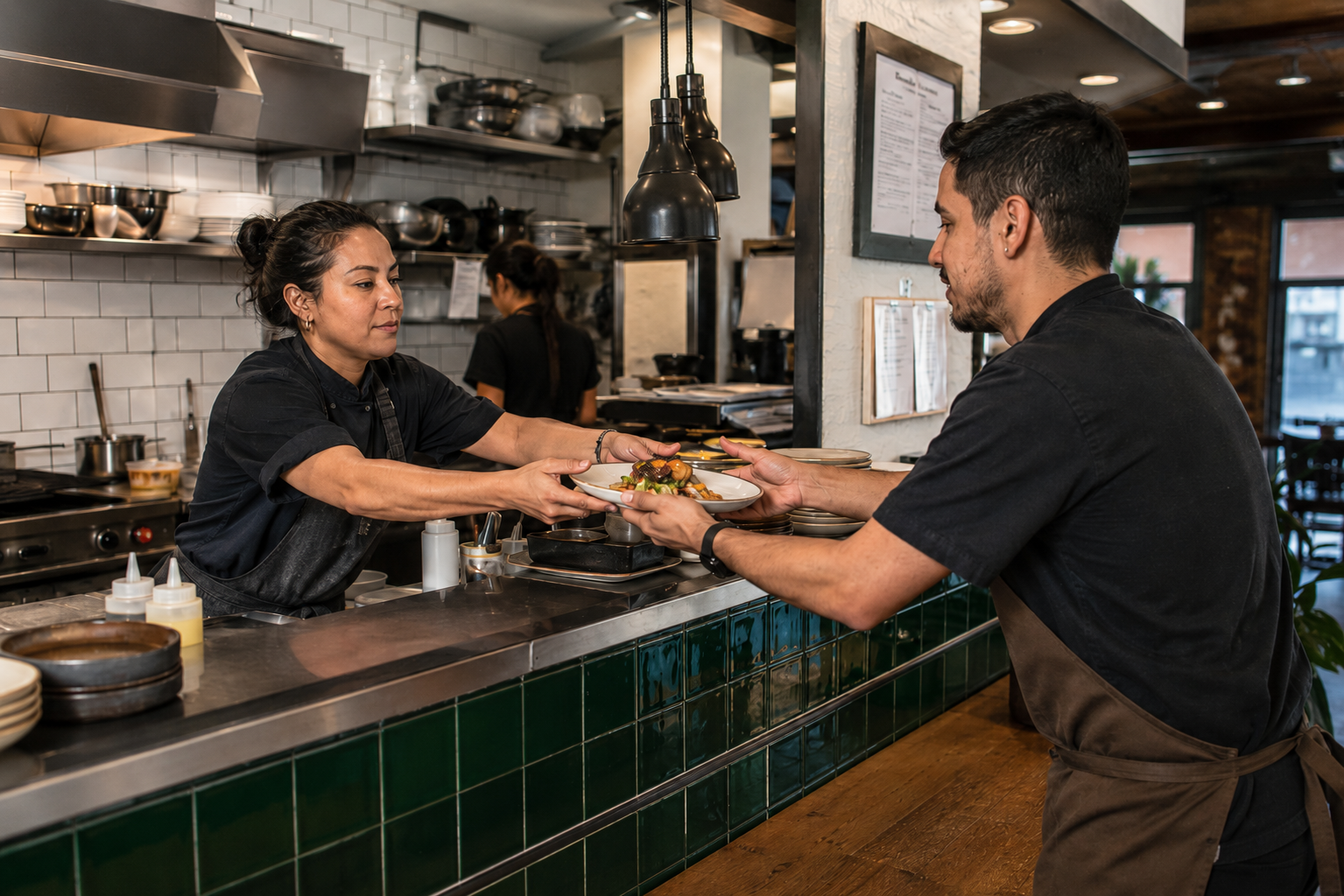 Una persona de cocina entrega un plato a un compañero de servicio en el pase de un restaurante.