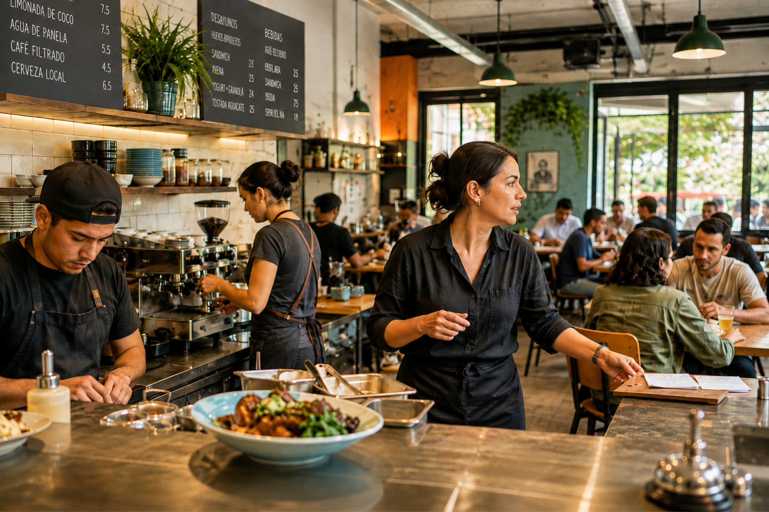 Una responsable coordina el servicio entre la barra y el salón mientras el equipo trabaja y clientes ocupan varias mesas de un restaurante activo.