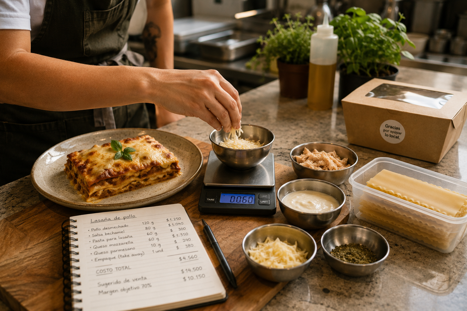 A person reviewing the economics of a menu item at a work table.