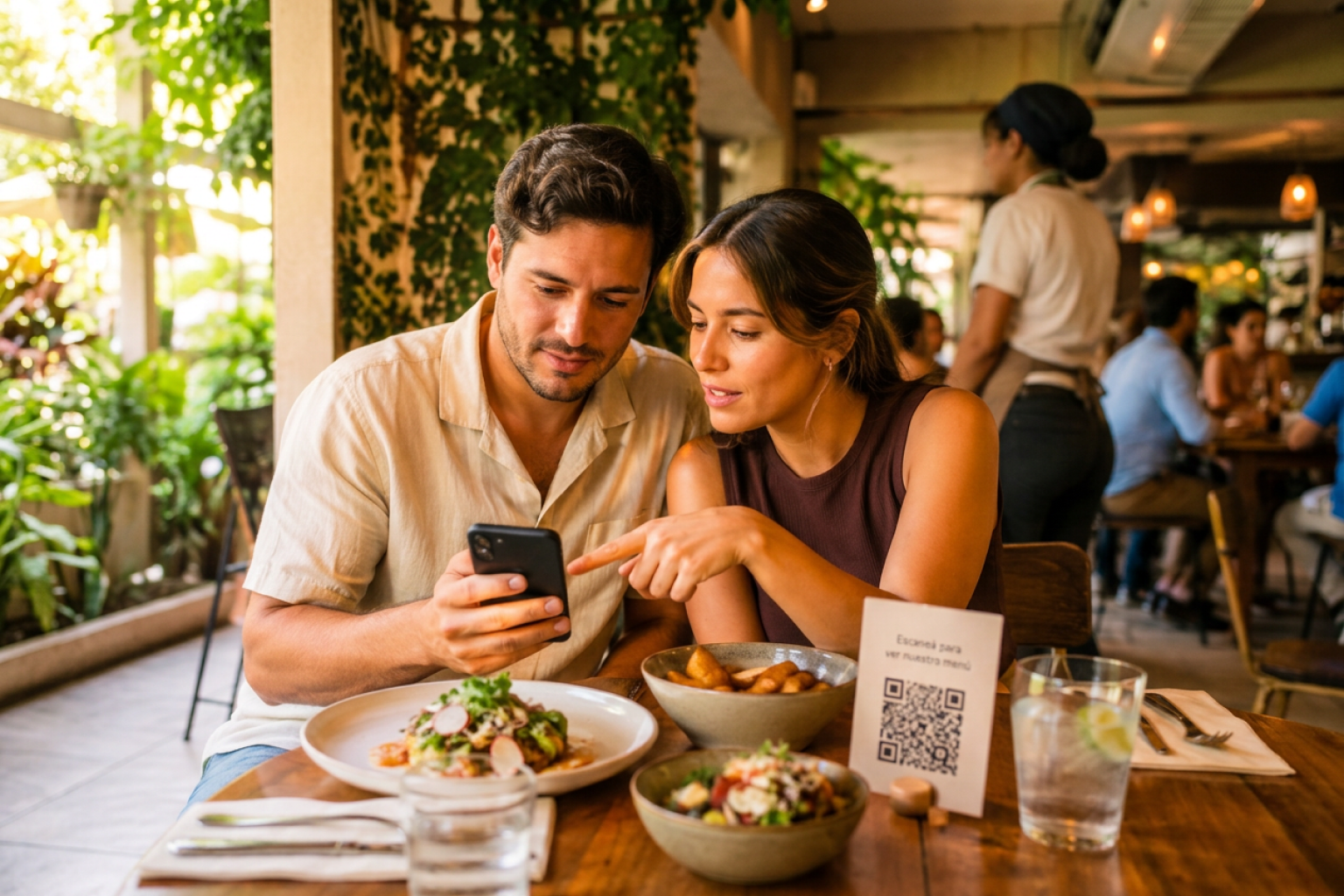 Una pareja revisa un menú digital organizado por categorías en un celular.