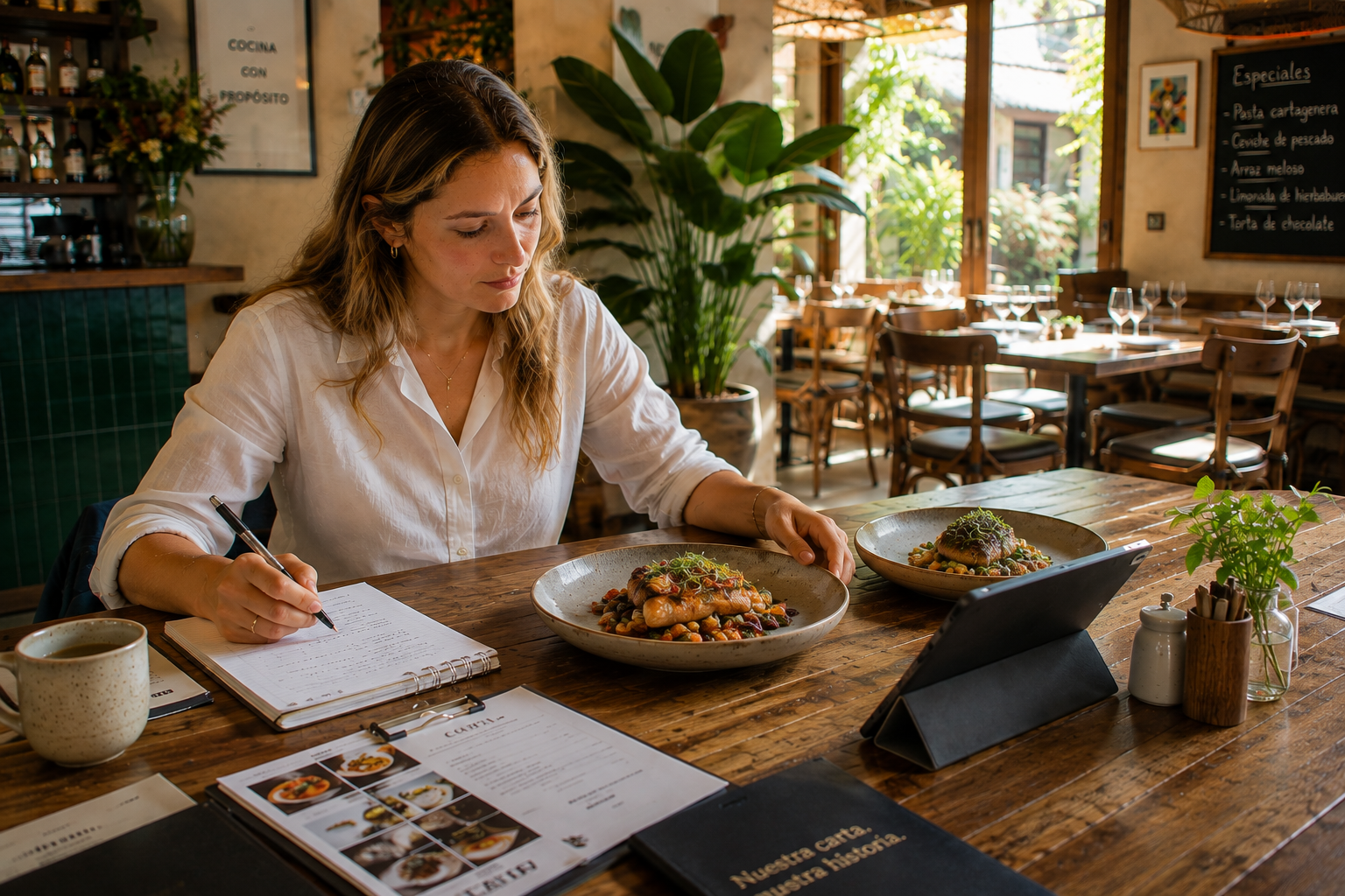 Responsable de un restaurante revisa dos platos terminados mientras toma notas en una mesa de trabajo.