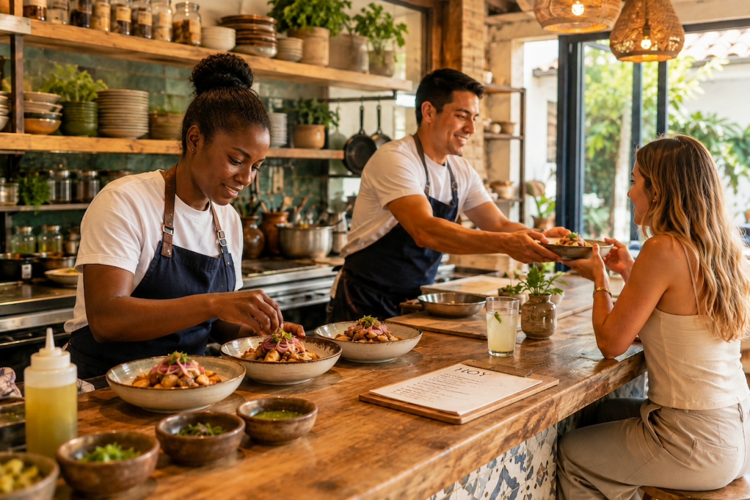 Una cocinera termina varios platos mientras otro miembro del equipo entrega una preparación a una clienta en un restaurante de cocina abierta.