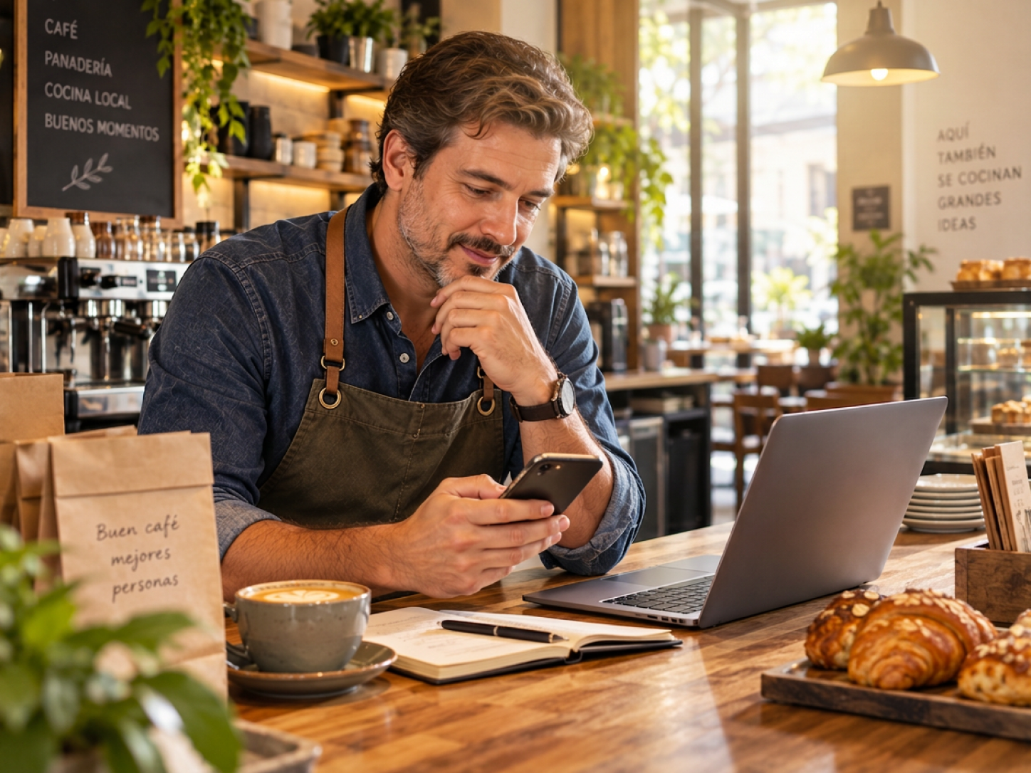A café owner checks his phone beside a laptop at the counter of his business.