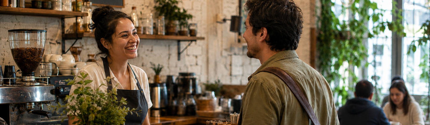 Una barista conversa con un cliente en la barra de una cafetería.